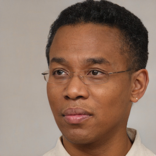 Neutral black adult male with short  brown hair and brown eyes