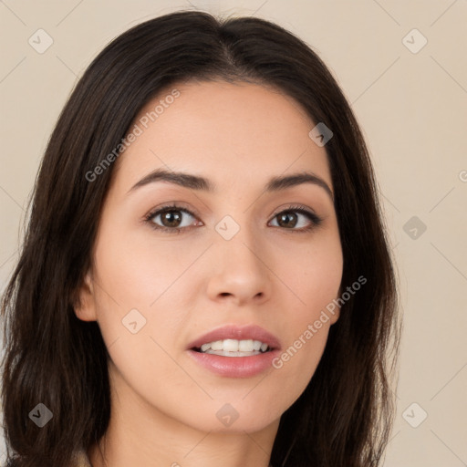 Neutral white young-adult female with long  brown hair and brown eyes