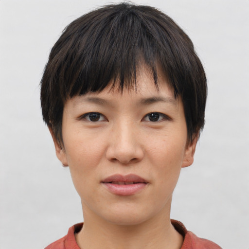 Neutral white young-adult female with short  brown hair and brown eyes
