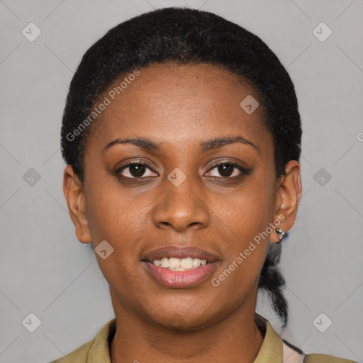 Joyful latino young-adult female with short  black hair and brown eyes