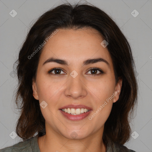 Joyful white young-adult female with medium  brown hair and brown eyes