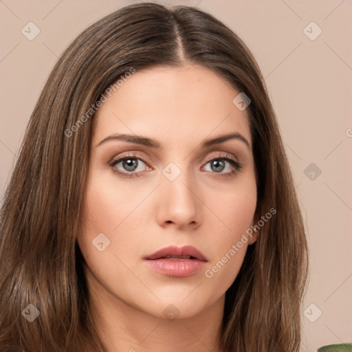 Neutral white young-adult female with long  brown hair and brown eyes