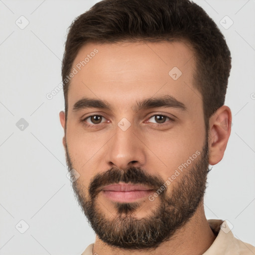 Neutral white young-adult male with short  brown hair and brown eyes