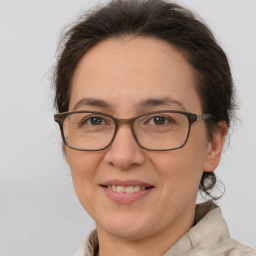 Joyful white adult female with medium  brown hair and brown eyes