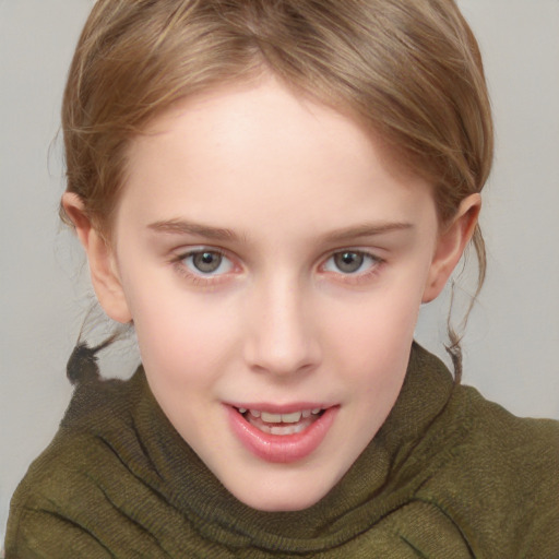 Joyful white child female with short  brown hair and grey eyes