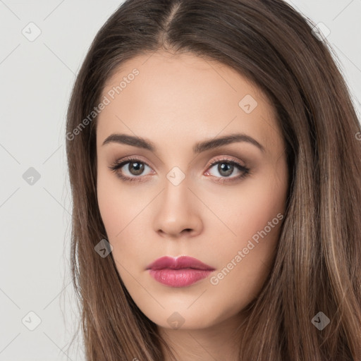 Neutral white young-adult female with long  brown hair and brown eyes