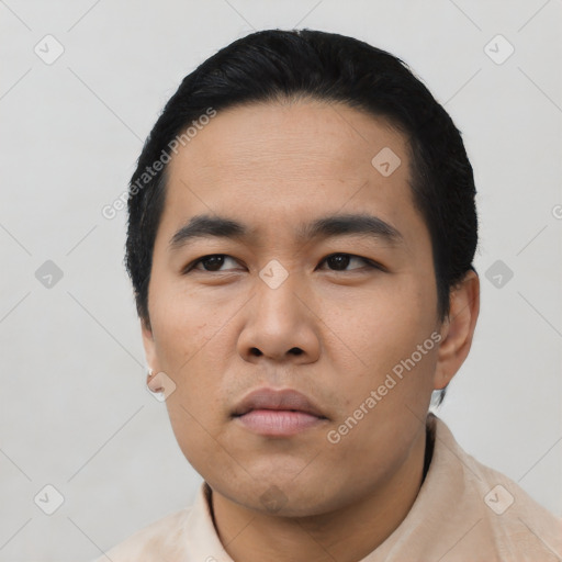 Neutral asian young-adult male with short  black hair and brown eyes