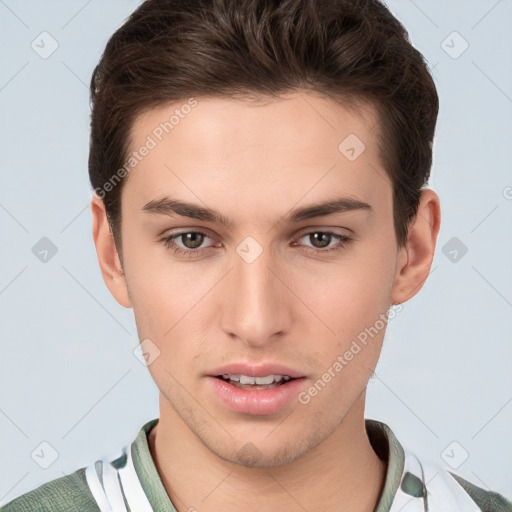 Neutral white young-adult male with short  brown hair and brown eyes