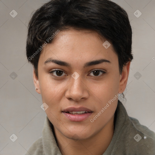 Joyful white young-adult female with short  brown hair and brown eyes