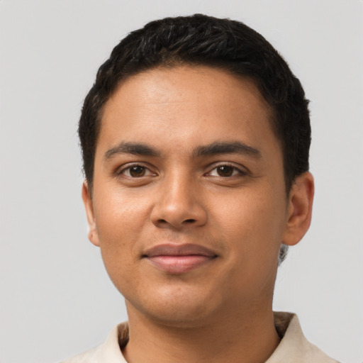 Neutral latino young-adult male with short  black hair and brown eyes