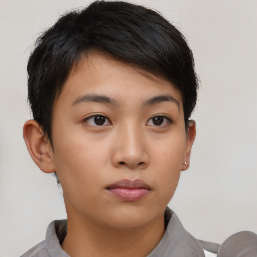 Neutral latino young-adult female with short  brown hair and brown eyes