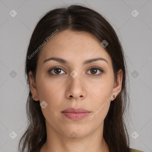 Neutral white young-adult female with medium  brown hair and brown eyes