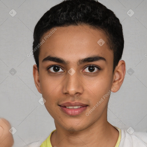 Joyful latino young-adult male with short  black hair and brown eyes