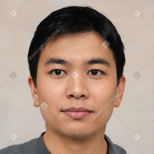 Neutral asian young-adult male with short  black hair and brown eyes