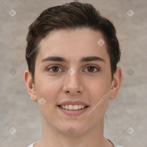 Joyful white young-adult female with short  brown hair and brown eyes