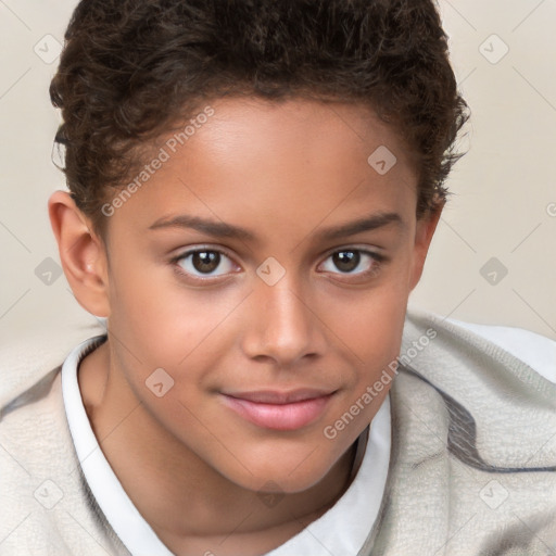 Joyful white child female with short  brown hair and brown eyes