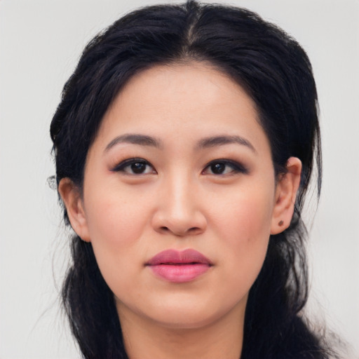 Neutral asian young-adult female with medium  black hair and brown eyes
