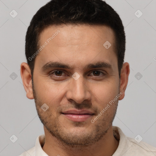 Joyful white young-adult male with short  brown hair and brown eyes