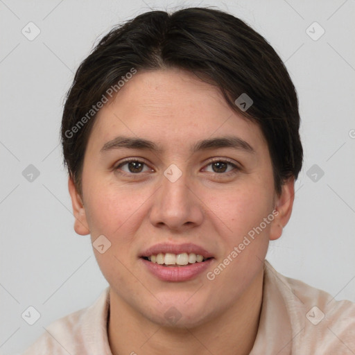 Joyful white young-adult female with short  brown hair and brown eyes