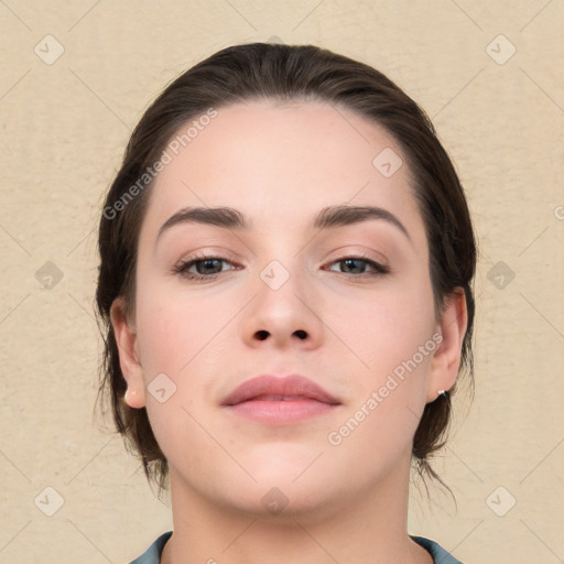 Neutral white young-adult female with medium  brown hair and brown eyes