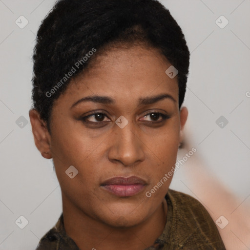 Neutral latino young-adult female with short  brown hair and brown eyes