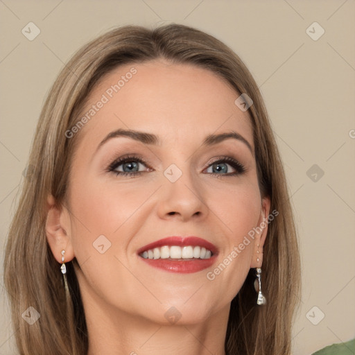 Joyful white young-adult female with long  brown hair and grey eyes