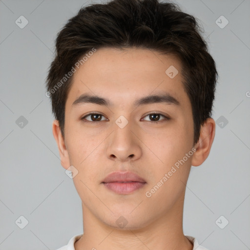 Neutral white young-adult male with short  brown hair and brown eyes