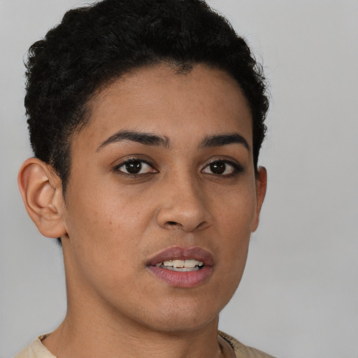Neutral latino young-adult female with short  brown hair and brown eyes