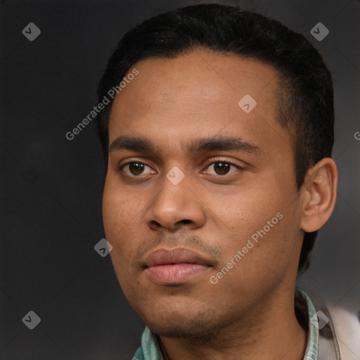 Neutral latino young-adult male with short  black hair and brown eyes