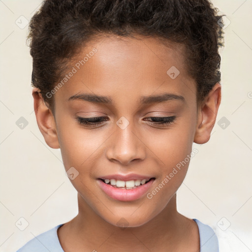 Joyful white child female with short  brown hair and brown eyes