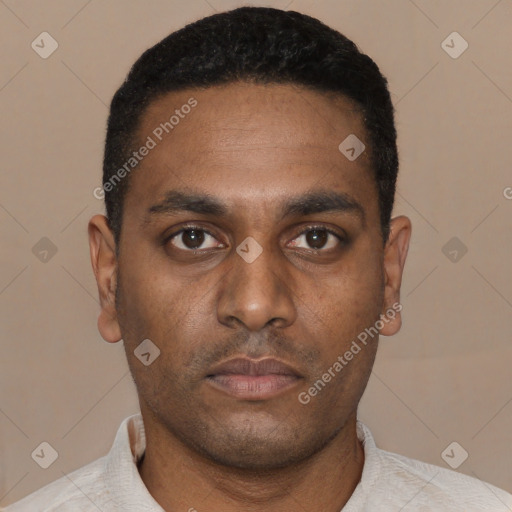 Neutral black young-adult male with short  black hair and brown eyes