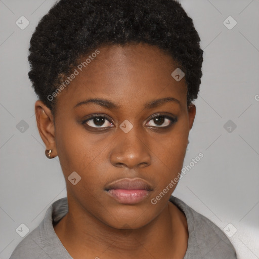 Neutral black young-adult female with short  brown hair and brown eyes