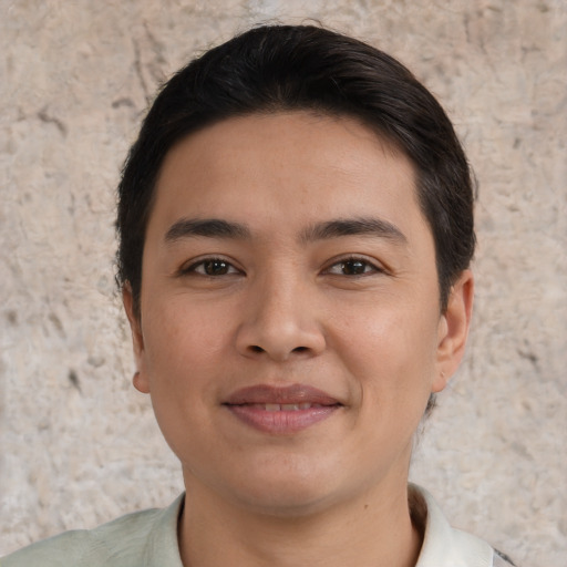Joyful asian young-adult male with short  brown hair and brown eyes