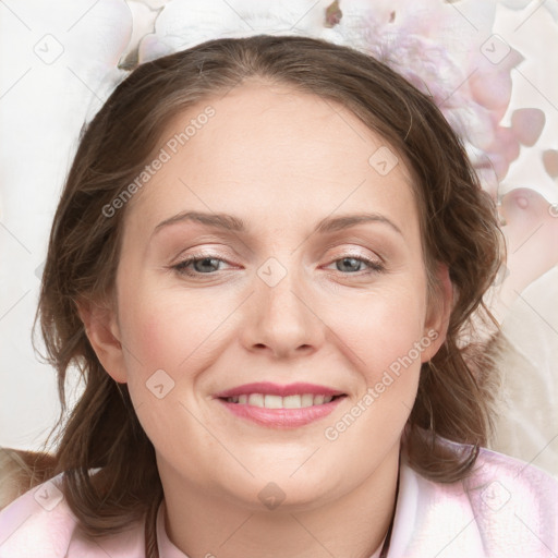 Joyful white young-adult female with medium  brown hair and grey eyes