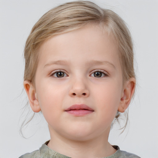 Neutral white child female with medium  brown hair and blue eyes