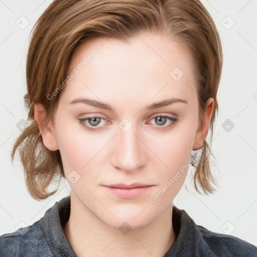 Neutral white young-adult female with medium  brown hair and blue eyes