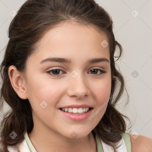 Joyful white child female with medium  brown hair and brown eyes