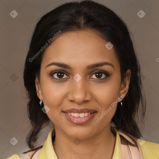 Joyful black young-adult female with medium  brown hair and brown eyes