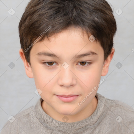 Joyful white child male with short  brown hair and brown eyes