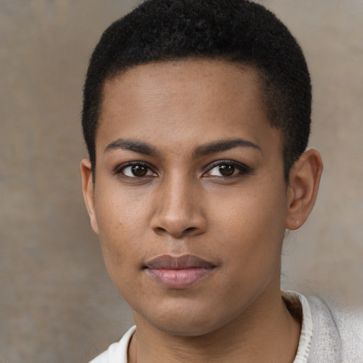 Neutral black young-adult female with short  black hair and brown eyes
