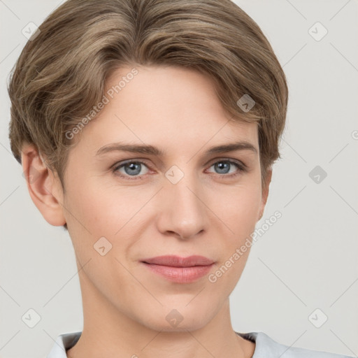 Joyful white young-adult female with short  brown hair and grey eyes