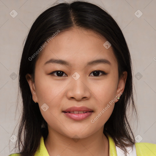 Joyful white young-adult female with medium  brown hair and brown eyes