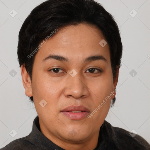 Joyful asian young-adult female with short  brown hair and brown eyes