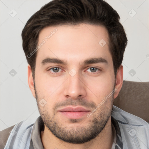 Neutral white young-adult male with short  brown hair and brown eyes