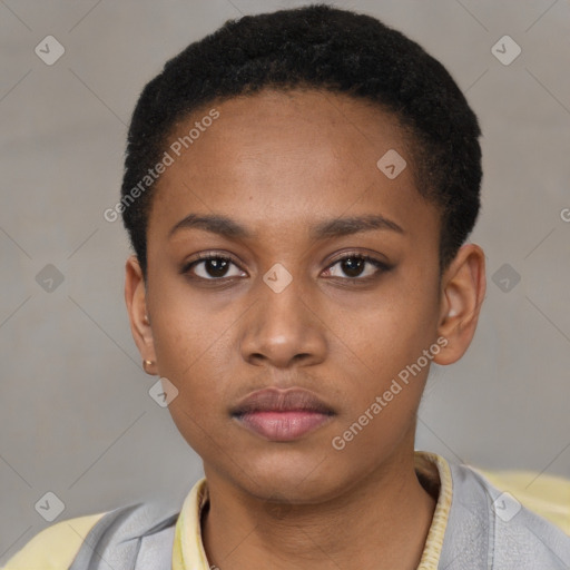 Neutral latino young-adult female with short  black hair and brown eyes