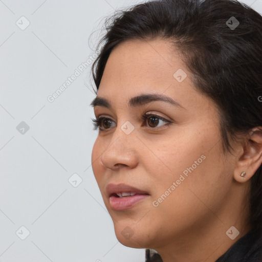 Neutral white young-adult female with short  brown hair and brown eyes