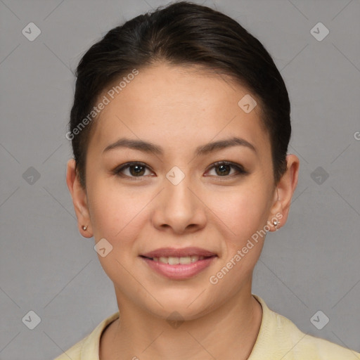 Joyful asian young-adult female with short  brown hair and brown eyes