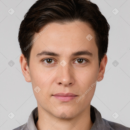 Neutral white young-adult male with short  brown hair and brown eyes