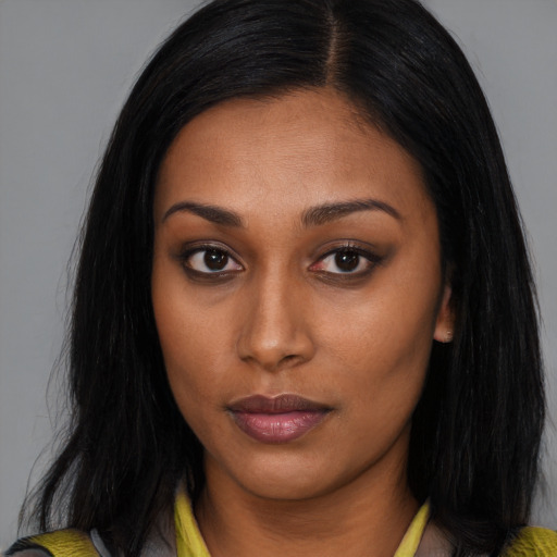Neutral asian young-adult female with long  brown hair and brown eyes