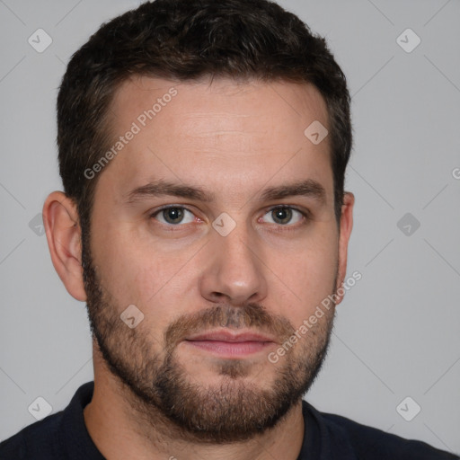 Neutral white young-adult male with short  brown hair and brown eyes